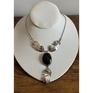 Vintage Black Onyx Silver Leaves Sterling FR Necklace 16"